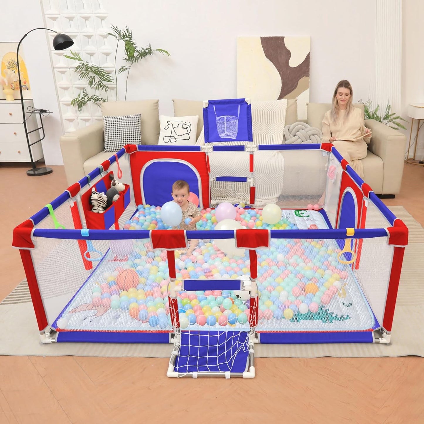 Playpen for Babies and Toddlers,73"x71"Baby Playpen with Mat Indoor＆Outdoor with Breathable Play Pen with Ocean Balls Hanging Pocket Basketball Hoop and Football Goal (Grey with Mat, 73"x71")