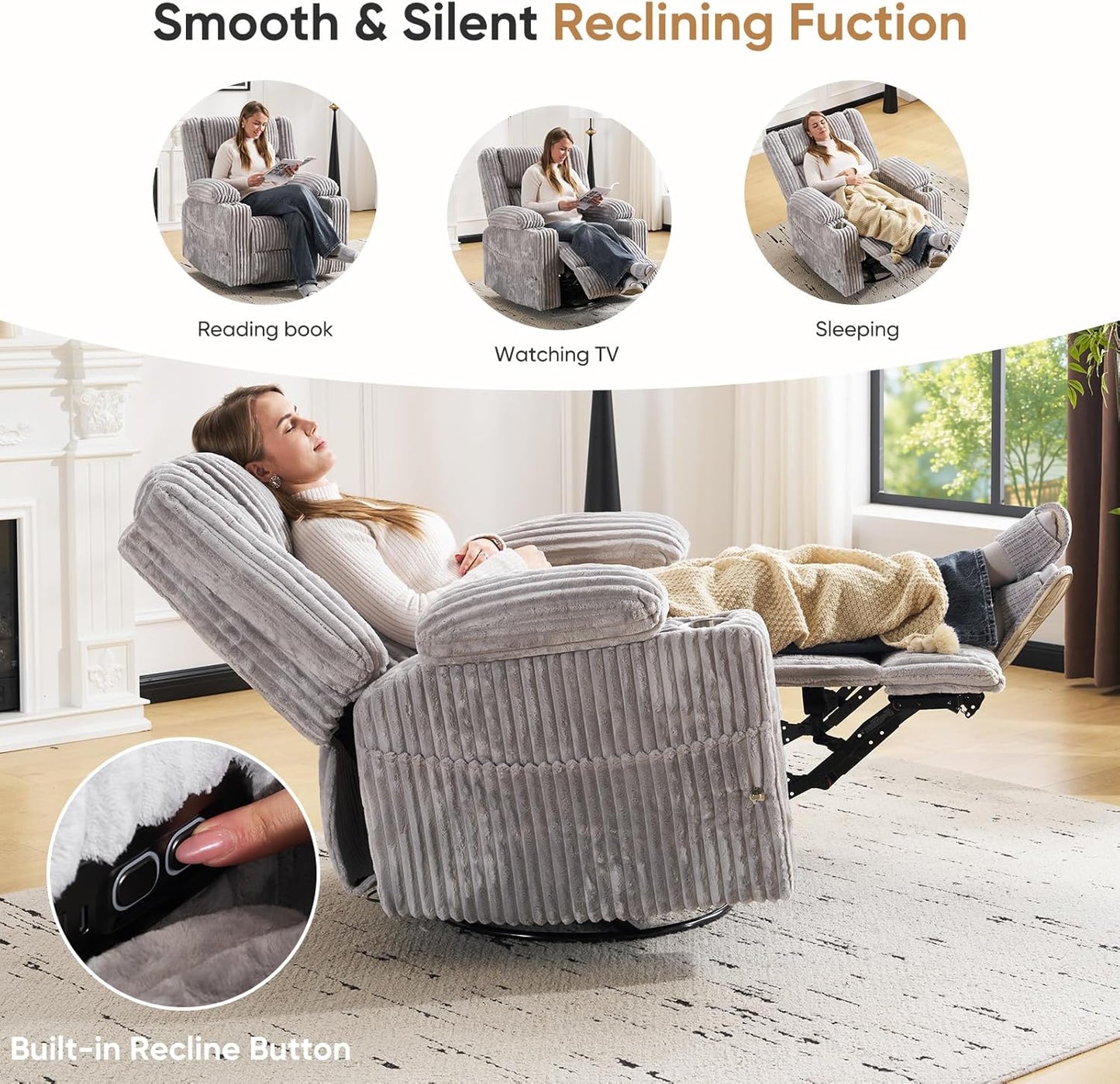 Oversized Power Recliner Chair with Massage and Heat, Swivel Rocker Recliner Chair for Adults with Arm Storage, Nursery Glider Recliner with Adjustable Headrest and Phone Stand, Side Pockets, Beige