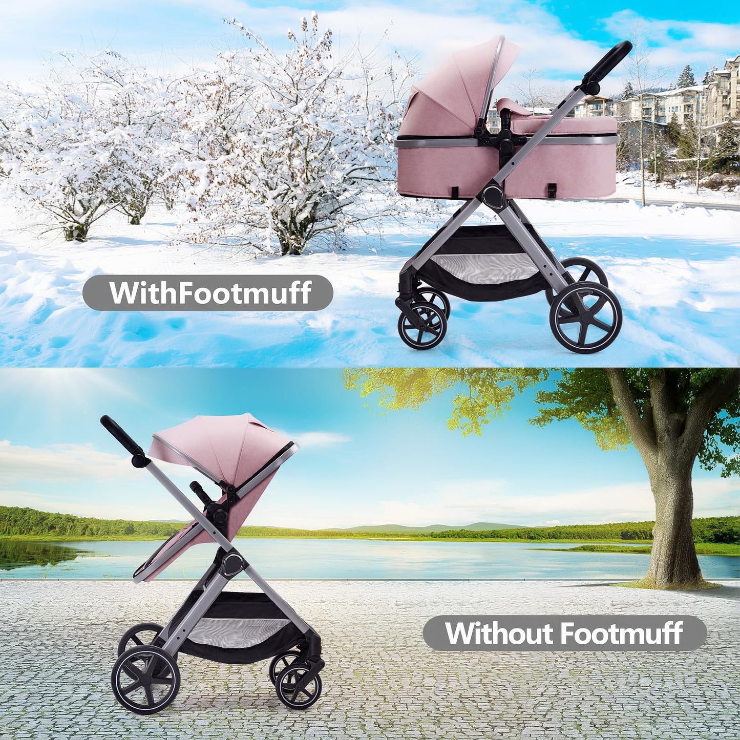 Lortsybab 2 in 1 Baby Stroller, Newborn Infant Toddler Convertible Pram Stroller for 0-36 Months Old Babies (Grey)