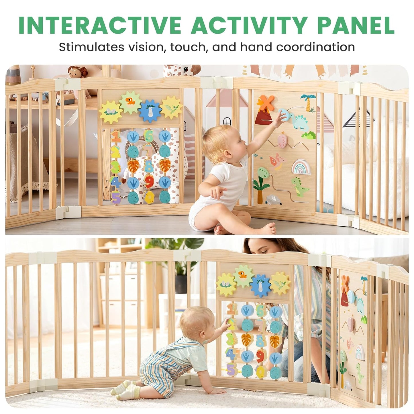 Foldable Wooden Playpen - Adjustable Wood Baby Play Yard with Child-Proof Lock, Indoor Large Safety Fence for Babies and Toddlers - Easy Assembly, 55 x 55 x 24 inches, Dino Land, Colorful