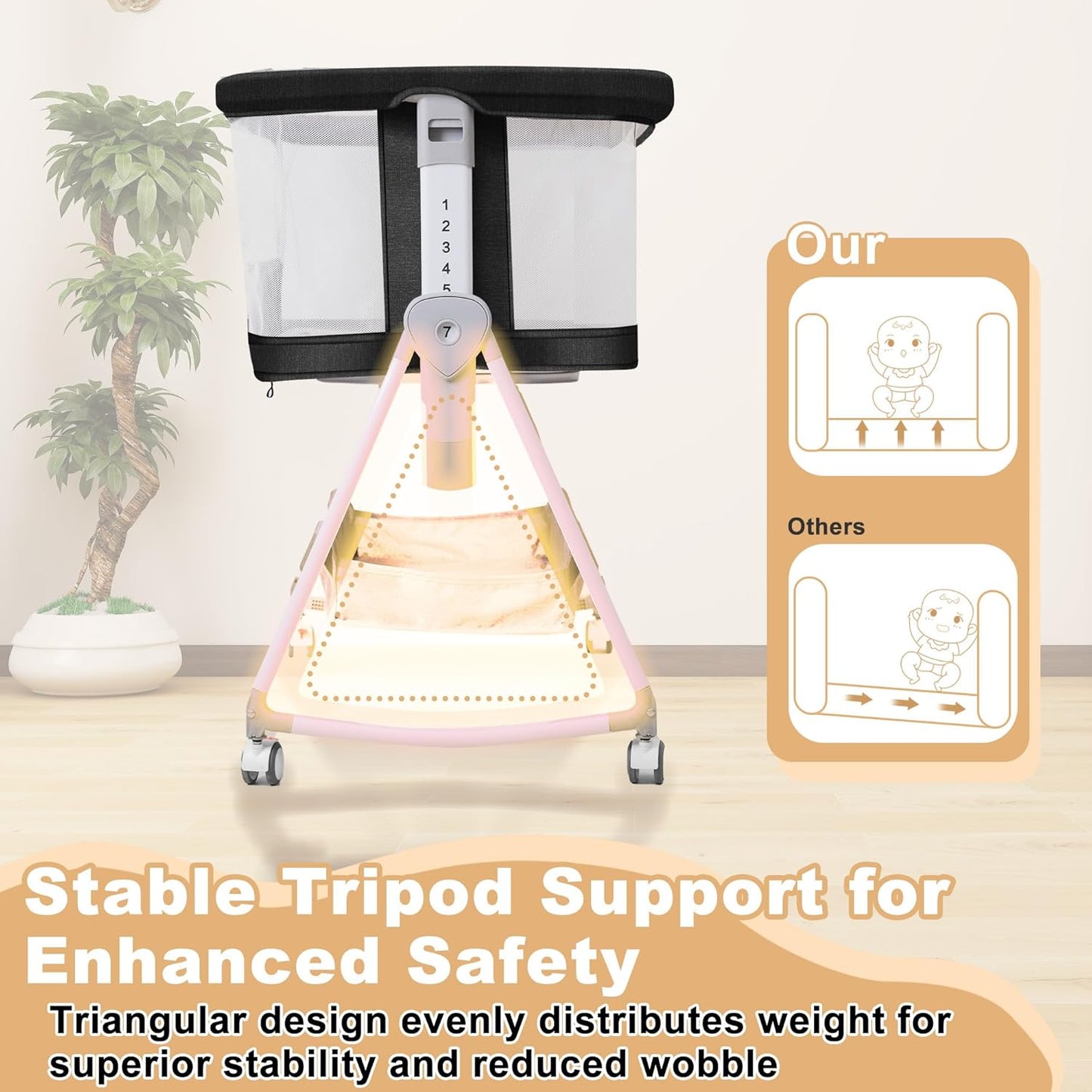 Baby Bassinet,3 in 1 Bedside Bassinet for Baby with Hanging Toys,Foldable Baby Bassinets Bedside Sleeper,4-Sided Mesh Bedside Crib with Wheels and Storage Basket,6 Height Adjustable (Light Grey)