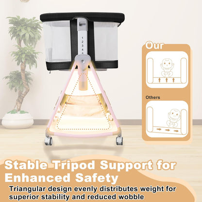 Baby Bassinet,3 in 1 Bedside Bassinet for Baby with Hanging Toys,Foldable Baby Bassinets Bedside Sleeper,4-Sided Mesh Bedside Crib with Wheels and Storage Basket,6 Height Adjustable (Light Grey)