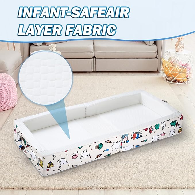 Umoving Portable Foldable Toddler Travel Bed – Air Layer Fabric Soft Foam Floor Crib with Safety Rails, No Assembly, Washable Cover, Compact Kids Sleep Solution for Home, Trips & Daycare, Cream