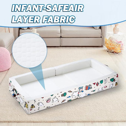 Umoving Portable Foldable Toddler Travel Bed – Air Layer Fabric Soft Foam Floor Crib with Safety Rails, No Assembly, Washable Cover, Compact Kids Sleep Solution for Home, Trips & Daycare, Cream