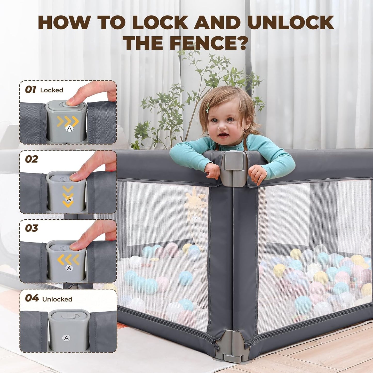 Dripex Baby Playpen, 47"x47" Small Playpen for Babies, Enhanced Safety Baby Play Yard for Indoor & Outdoor, Infant Play Pen with Soft Breathable Visible Mesh, Anti-Fall Design & Easy Setup, Grey