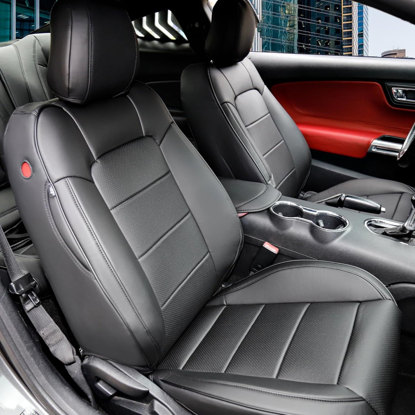 Custom Fit Ford Mustang Convertible Seat Cover 2015 2016 2017 2018 2019 2020 2021 2022 2023 2024 2025 2026, Faux Leather Car Seat Cover Full Set (Convertible-Red+Balck)