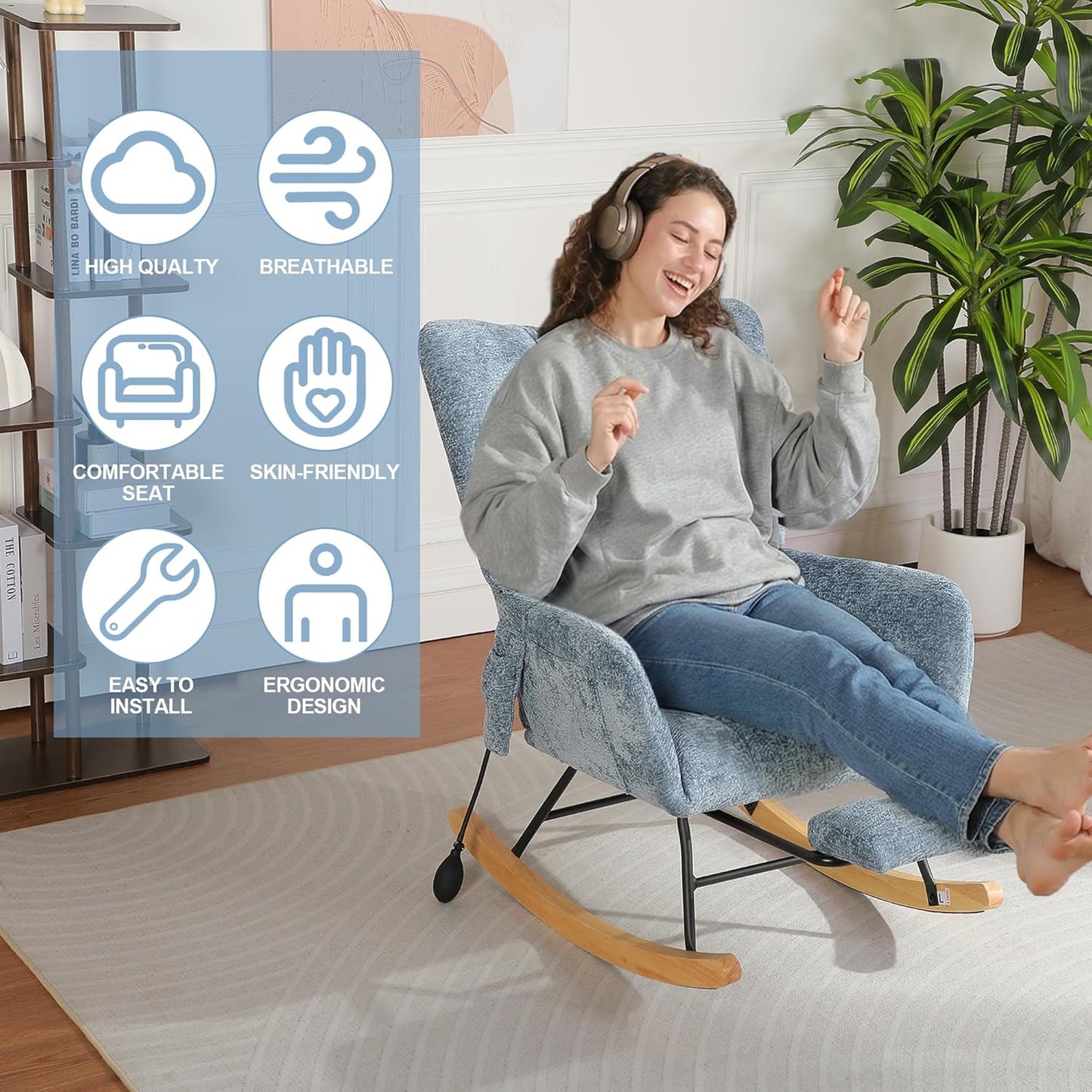 Rocking Chair Nursery with Airbag, Comfy Modern Nursery Rocking Reading Chair indoor with Footrest, Cozy Upholstered Glider Rocker Chairs for Living Room Bedroom Offices(Chenille, Dark Grey)