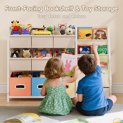 HAVLOTII Toy Storage Organizer - Kids Bookshelf and Toy Storage with 3 Book Shelf and 10 Storage Bins, Montessori Playroom Storage for Toddler, Baby, Book Shelf for Kids Rooms