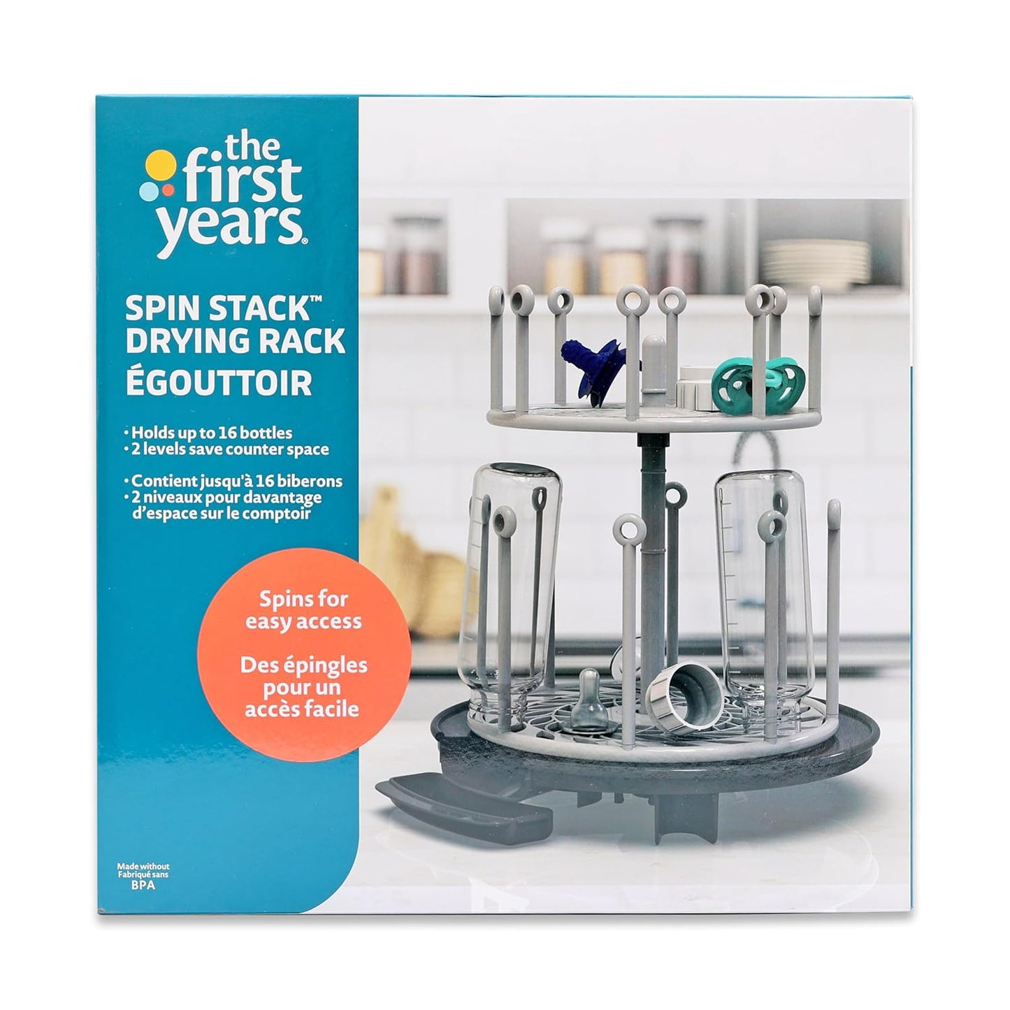 The First Years Spin Stack Bottle Drying Rack - Black - 2-Tier Rotating Countertop Drying Rack for Up to 16 Bottles - Baby Essentials for Everyday Use