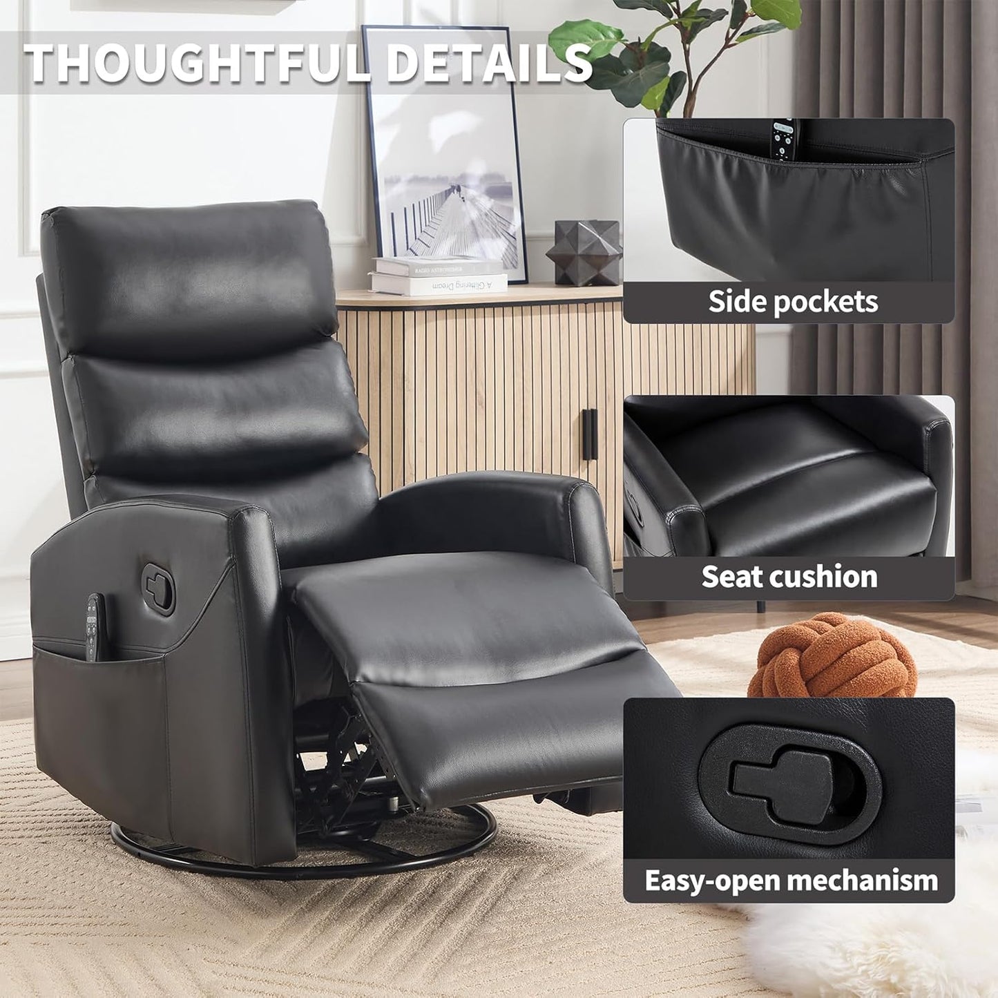 Massage Chair Recliner with Heat, Swivel Rocking Chair Recliner with High Back, Manual Nursery Recliners for Adults,Small Recliner Chair for Small Spaces, Living Room Bedroom, Fabric (Blue Green)