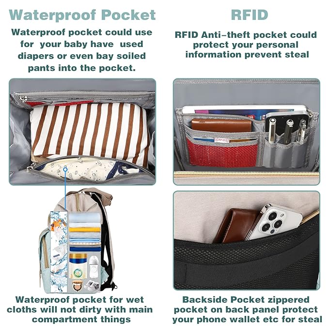 Jiefeike Girls Diaper Backpack,Travel Backpack Diaper Bag for Dad Mom Baby Boys,Insulated Pockets Portable Baby Nappy Bags RFID Anti-Theft Water-Resistant Pocket Stroller Straps