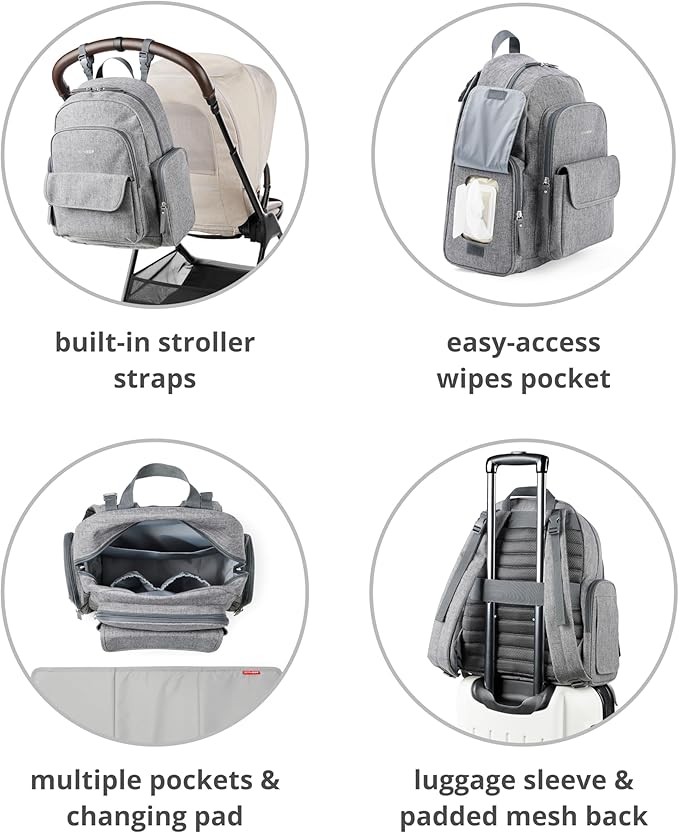 Skip Hop Diaper Bag Backpack with Portable Changing Pad, 9 Total Pockets, Easy-Access Wipes Pocket, Zippered Side Pocket, Luggage Sleeve & Stroller Straps, Fits a 15” Laptop, Luna, Sage