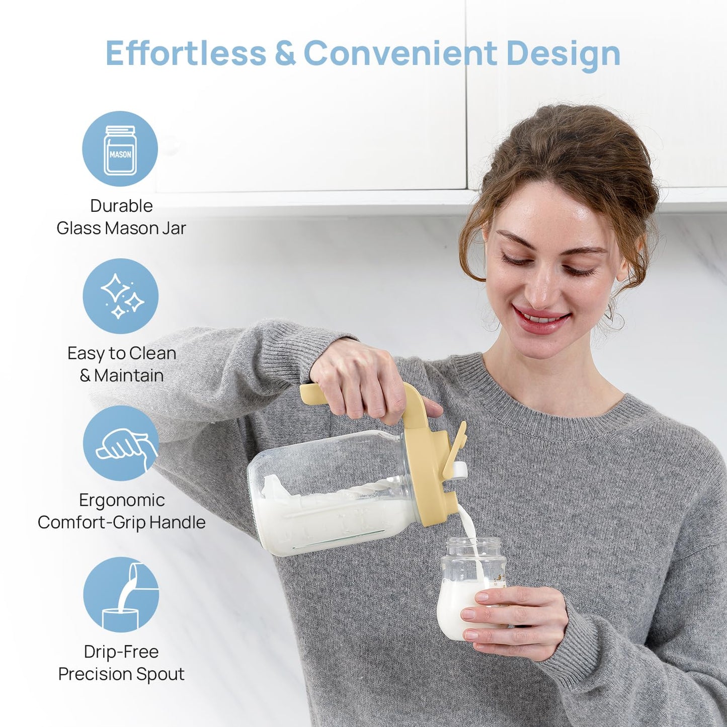 Papablic Breast Milk Pitcher, Glass Formula Mixer with Easy-Blend Handle Lid, Leakproof Breastmilk Fridge Storage Container, Wide Mouth, BPA-Free, Baby Feeding Pitcher, Blue
