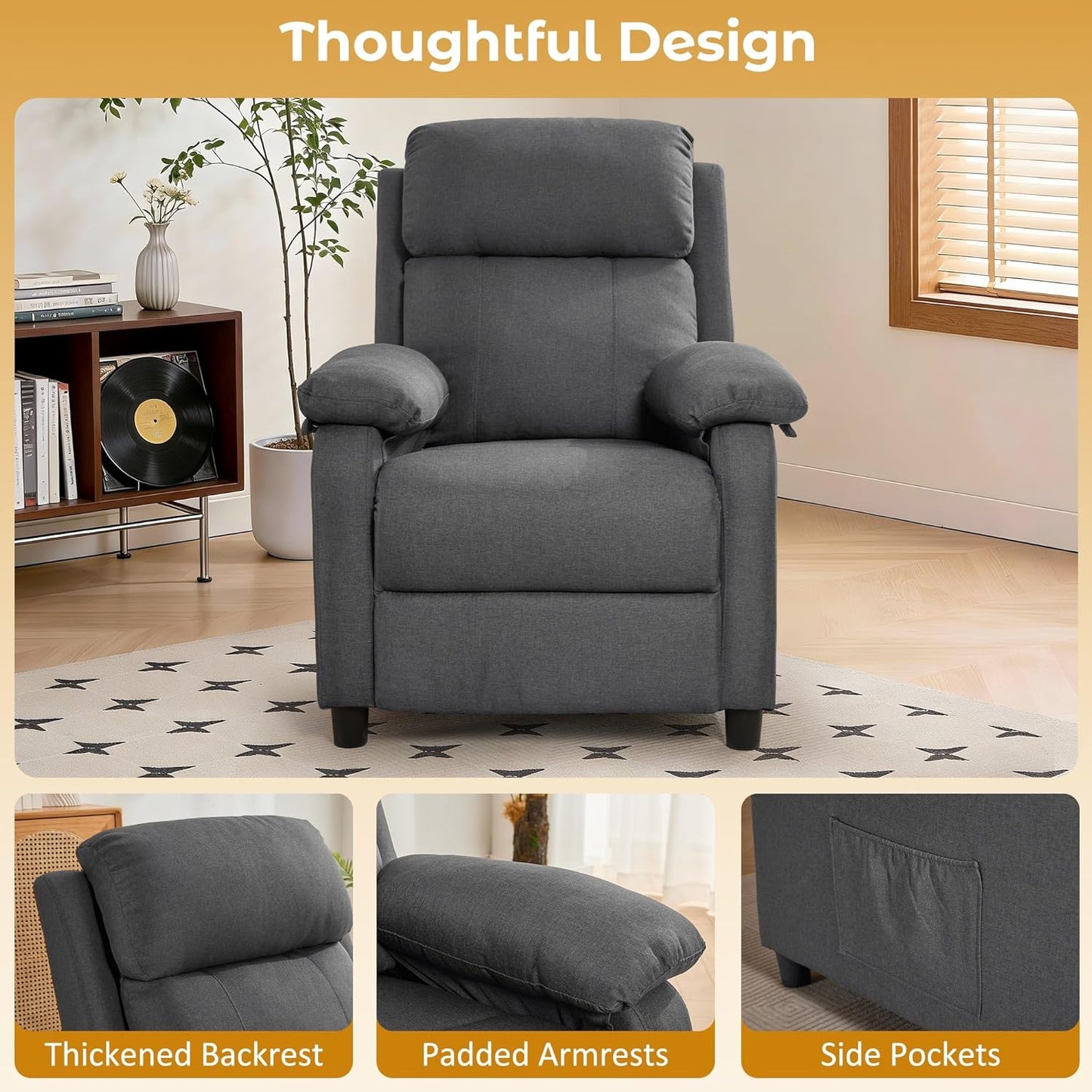 Korser Recliner Chair, 360 Swivel Rocker Chair for Adults, Small Rocking Recliner for Small Spaces, Upholstered Fabric Glider Recliner Nursery