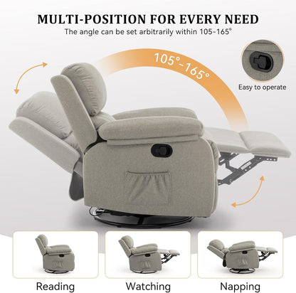 Korser Recliner Chair, 360 Swivel Rocker Chair for Adults, Small Rocking Recliner for Small Spaces, Upholstered Fabric Glider Recliner Nursery