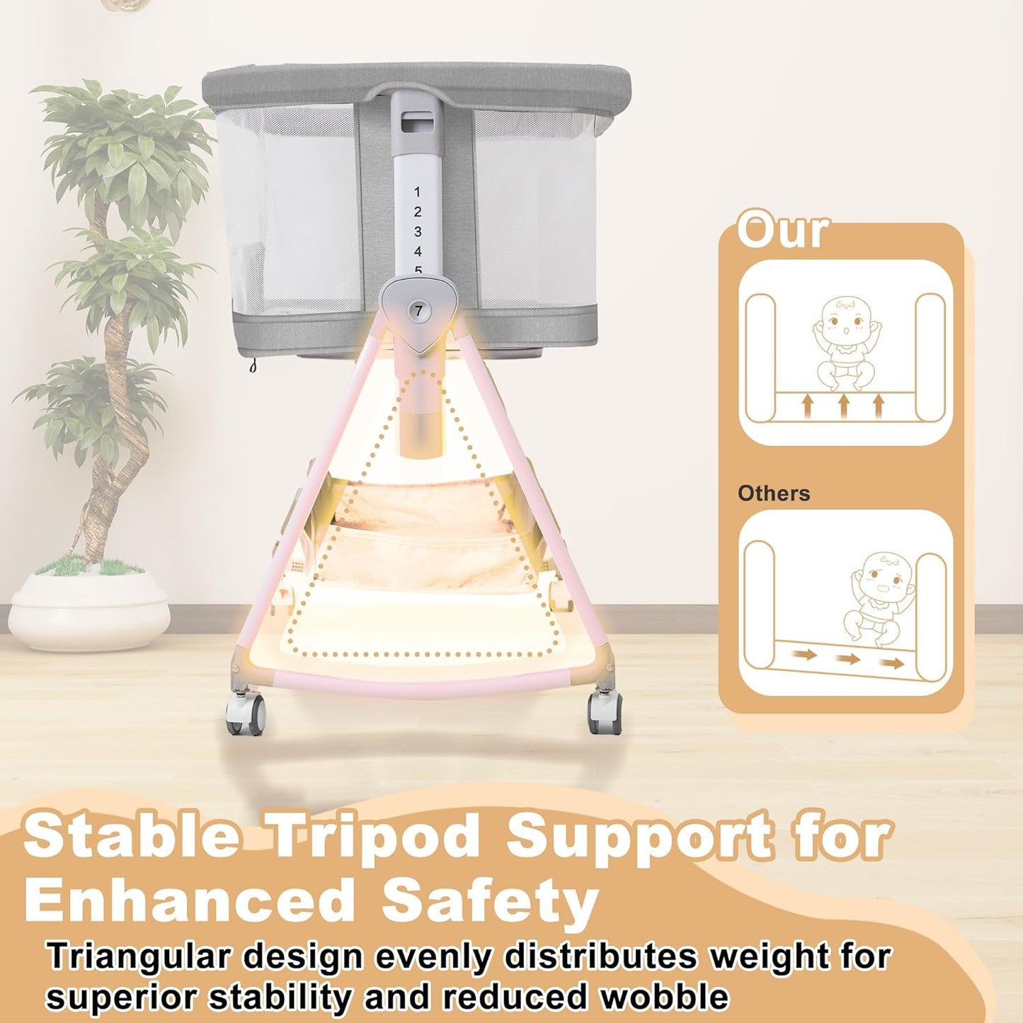Baby Bassinet,3 in 1 Bedside Bassinet for Baby with Hanging Toys,Foldable Baby Bassinets Bedside Sleeper,4-Sided Mesh Bedside Crib with Wheels and Storage Basket,6 Height Adjustable (Light Grey)
