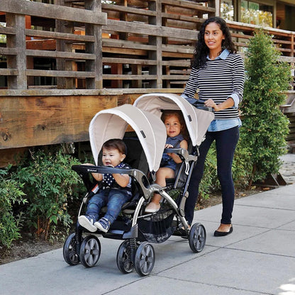 Baby Trend Double Infant and Toddler Stroller w/ Harness and Basket, Sit N' Stand, Khaki