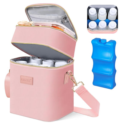 PIIOSER Breastmilk Cooler Bag with Ice Pack Fits 6 Baby Bottles Up to 9 Ounce, Insulated Baby Bottle Tote Bags, Double Layer Waterproof Leak-Proof with Shoulder Strap for Nursing & Working Mom (Grey)