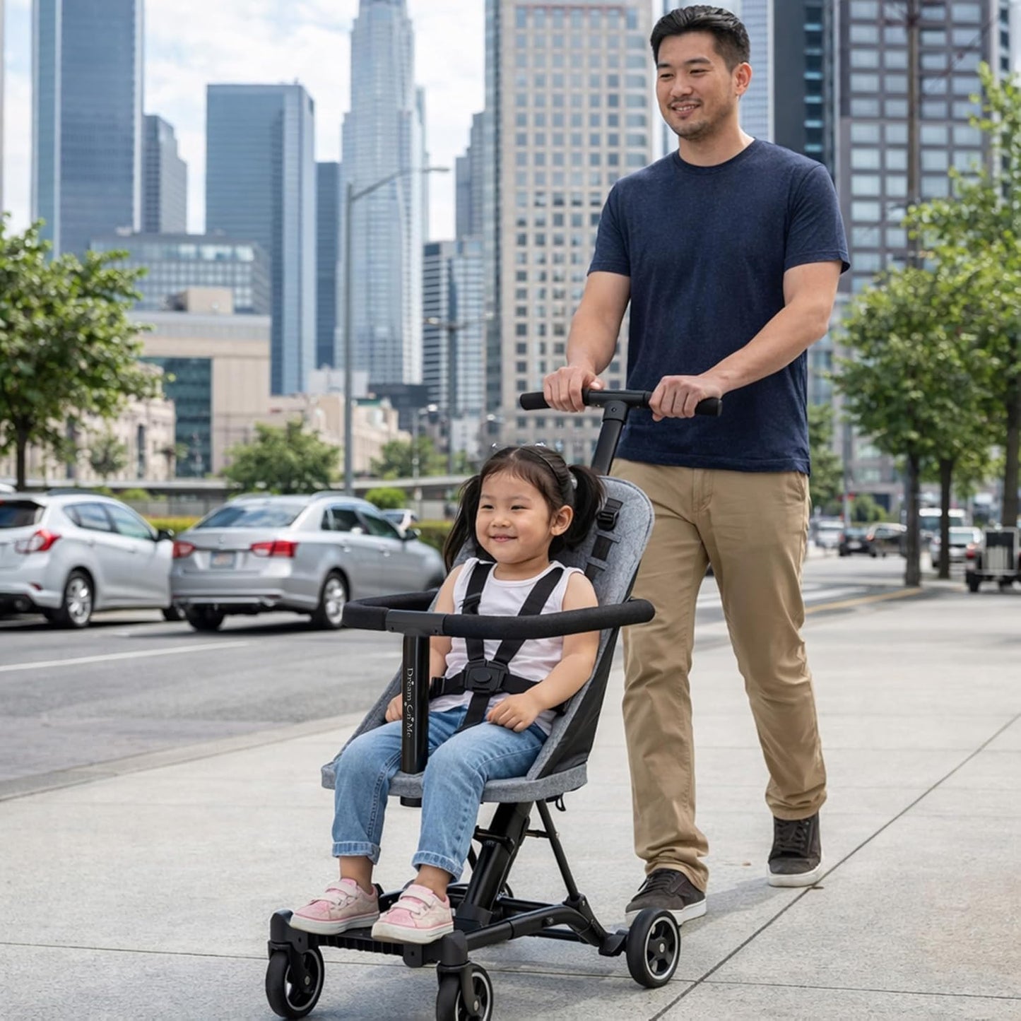 Dream On Me Coast Rider Travel Stroller, Lightweight & Compact Baby Stroller, Theme Park Approved, Book-Folding Design, Adjustable Handle, Soft-Ride Wheels, Converts to Rider & Scooter - Black