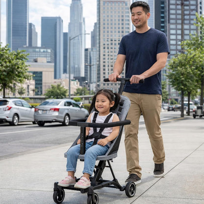 Dream On Me Coast Rider Travel Stroller, Lightweight & Compact Baby Stroller, Theme Park Approved, Book-Folding Design, Adjustable Handle, Soft-Ride Wheels, Converts to Rider & Scooter - Black