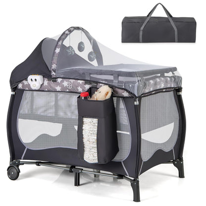 HONEY JOY Pack and Play with Bassinet, 4-in-1 Portable Baby Playard with Changing Table, Net & Cute Toys, Diaper Storage Bag, Music Box, Wheels with Brake, Foldable Newborn Play Yard w/Carry Bag