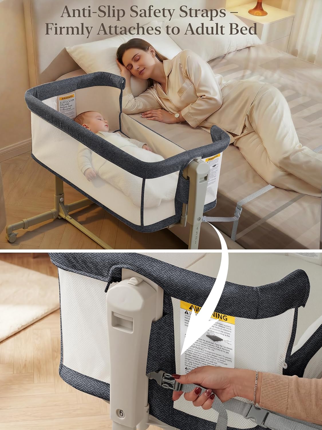 ONTHEWEI Baby Bassinet Bedside Sleeper 3-in-1, Easy Night Feeding with One-Side Fold & Rolling Wheels, Breathable Mesh, 6-Height Adjustable, Soft Mattress for Newborns