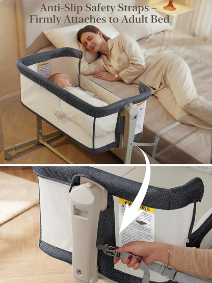 ONTHEWEI Baby Bassinet Bedside Sleeper 3-in-1, Easy Night Feeding with One-Side Fold & Rolling Wheels, Breathable Mesh, 6-Height Adjustable, Soft Mattress for Newborns