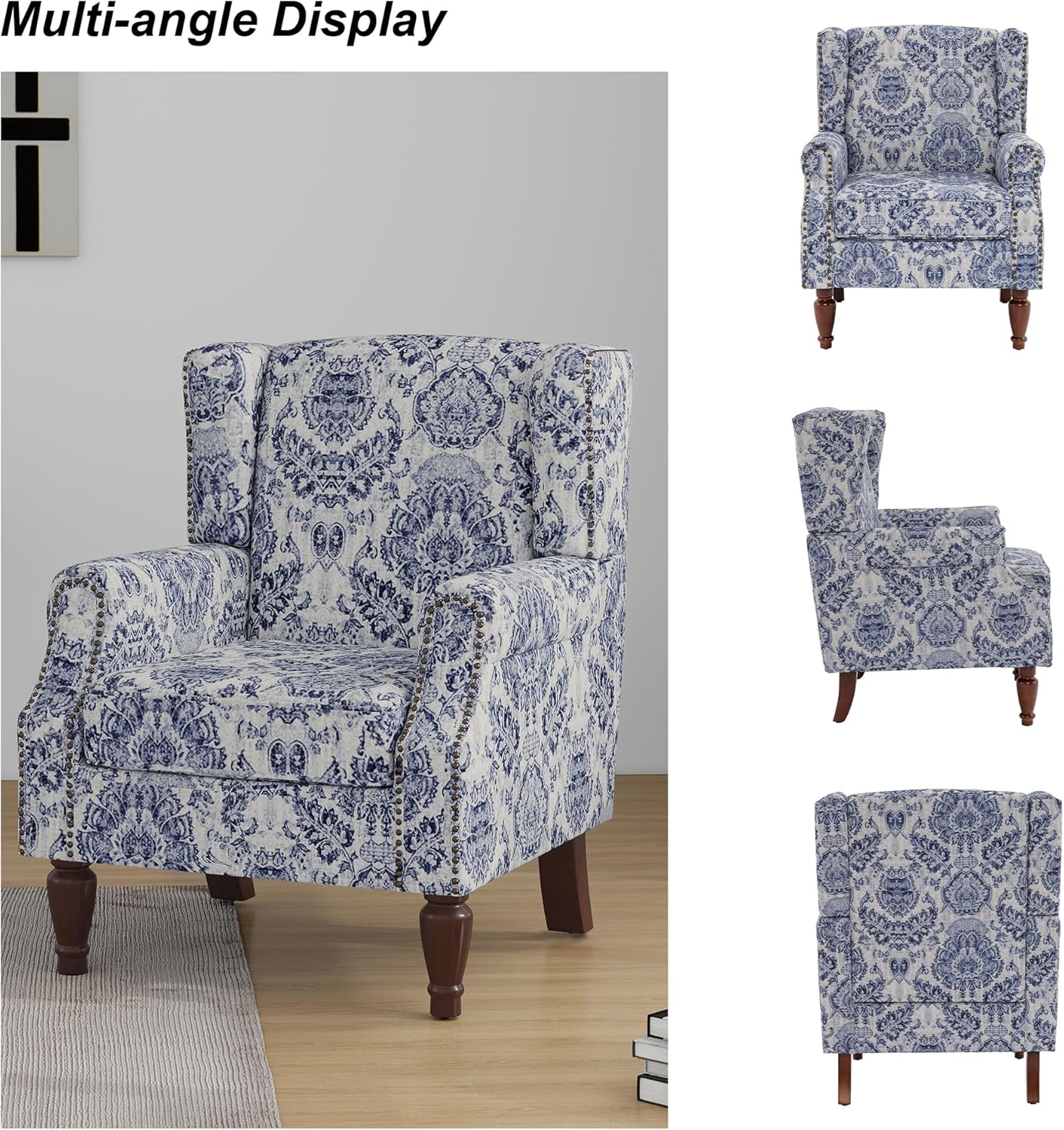 Swivel Rocker Recliner Chair, Manual Nursery Glider Recliner, Floral Fabric Wingback Accent Chair with Adjustable Backrest & Footrest for Small Spaces Living Room Bedroom (Plants Floral, Set of 1)