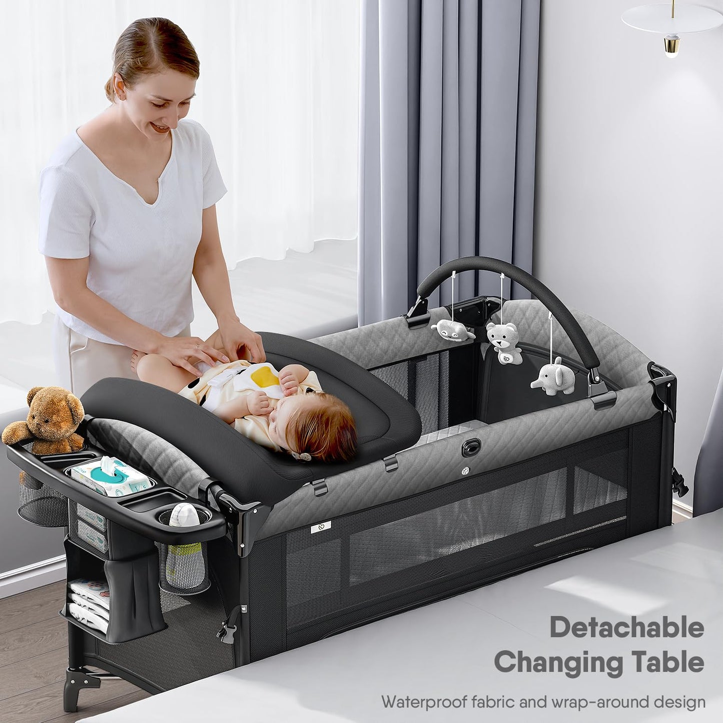 Obee Odee 4 in 1 Baby Bassinet, Pack and Play, Bedside Crib Sleeper, Diaper Changer - Comes with Mattress, Mosquito Net, Bottom Storage and Toy Bar for Newborn to Toddles