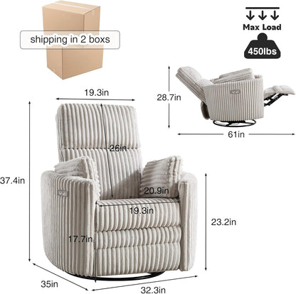 Power Recliner,Nursery Swivel Glider Rocking Chair with USB Port,Upholstered Adult Electric Recliner Rocking Chair with 2 Pillows for Living Room Bedroom (Beige Corduroy, Power-Driven)