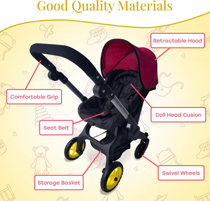 Baby Doll Car Seat Stroller Combo – Convertible 2 in 1 Doll Stroller and Car Seat for Kids – Fits Up to 20” Dolls – Play Toy Baby Stroller with Adjustable Handle for Girls Toddlers All Ages (Black)