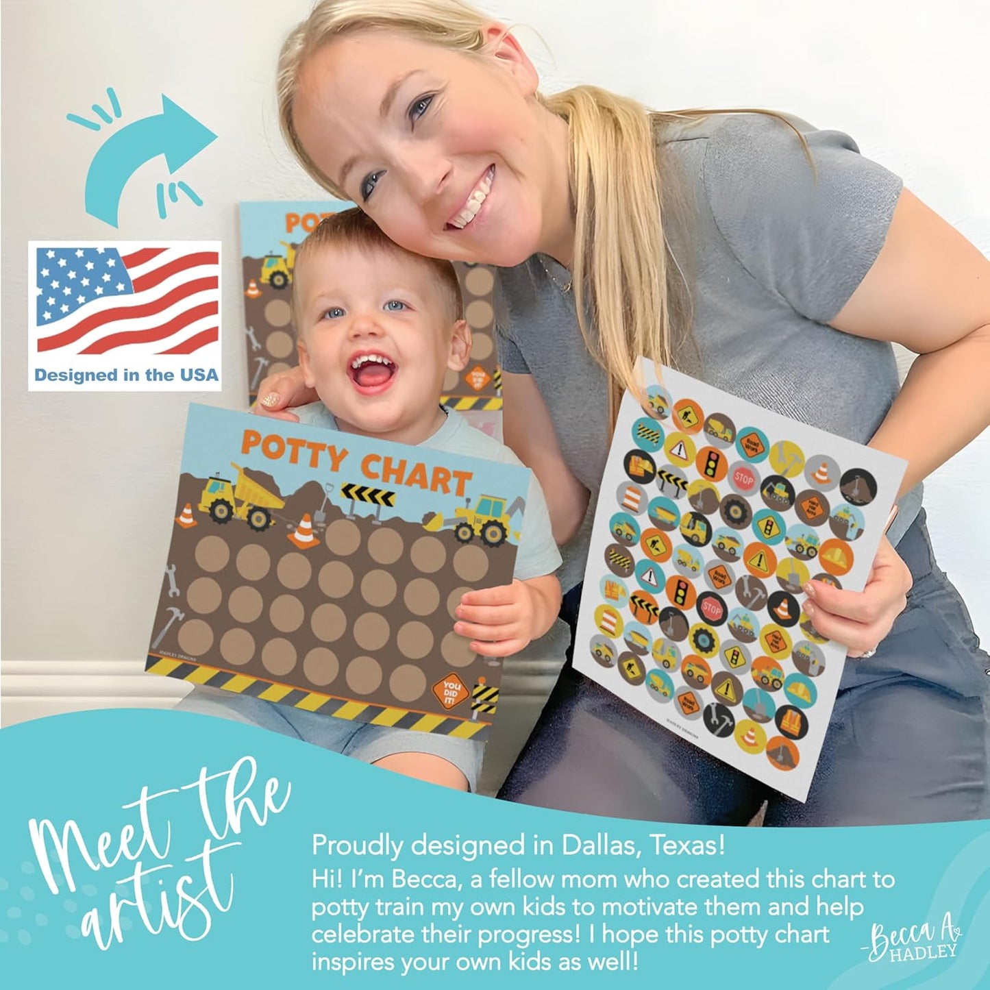 Hadley Designs Potty Training Chart for Toddlers Boys -10 Sticker Potty Chart for Toddlers Boys, 8.5x11" Potty Training Sticker Charts for Toilet Success, Monster Truck Toddler Reward Chart for Kids