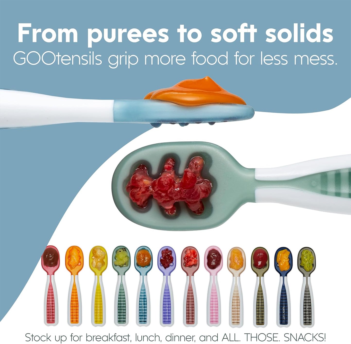 NumNum Baby Spoons Set, Baby Essentials Pre-Spoon GOOtensils for 6+ Months, First Stage Self-Feeding Spoons for Baby Led Weaning (BLW), Silicone Toddler Utensils, BPA-Free, 2 Pack Gray/Green