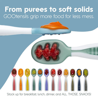 NumNum Baby Spoons Set, Baby Essentials Pre-Spoon GOOtensils for 6+ Months, First Stage Self-Feeding Spoons for Baby Led Weaning (BLW), Silicone Toddler Utensils, BPA-Free, 2 Pack Gray/Green