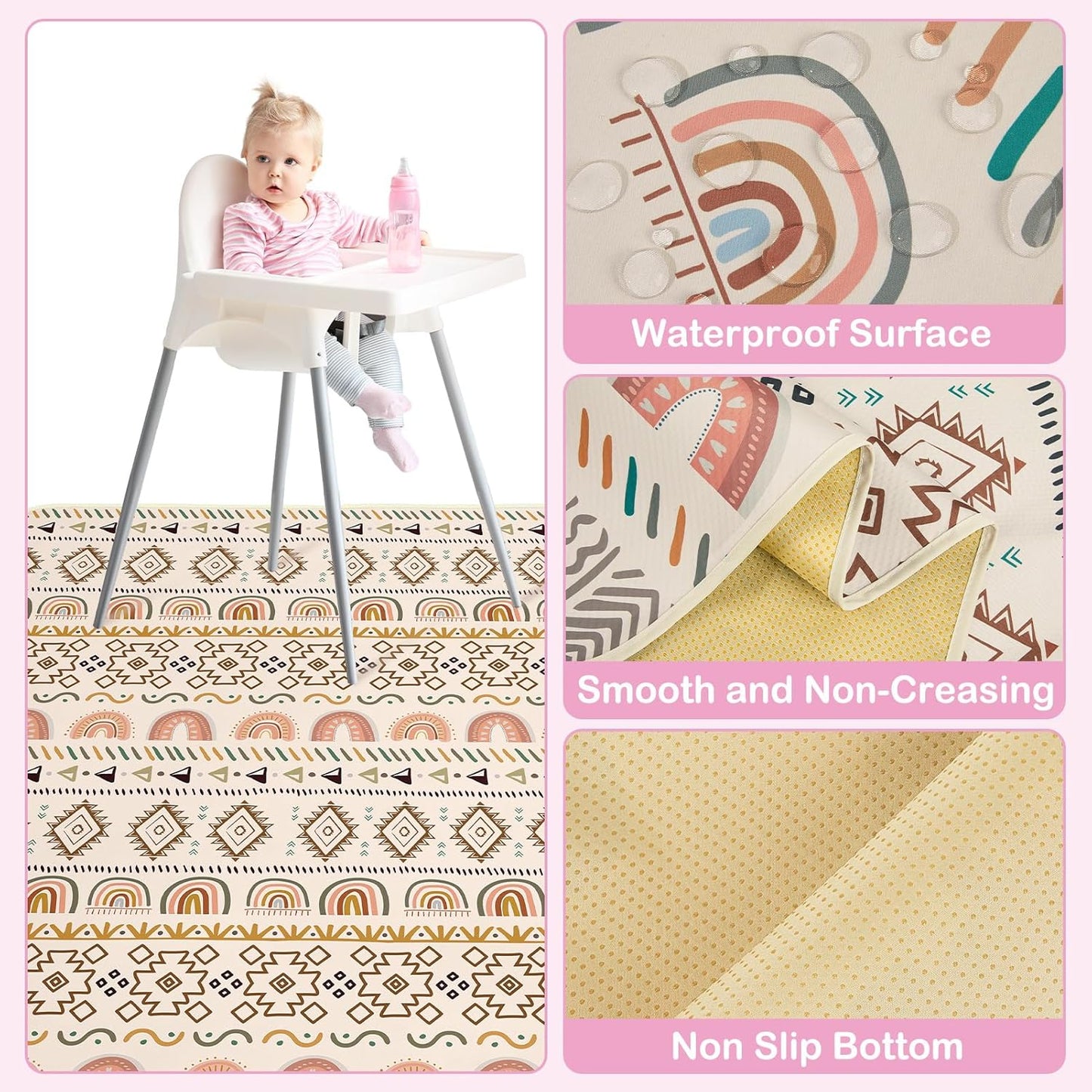 Basumee Splat Mat High Chair Mat Waterproof Baby Play Splat Mat for Under High Chair Food Catcher Highchair Mat for Floor Non Slip Bottom, Pink Rainbow, 46x42 Inches