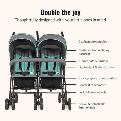 Dream On Me Volgo Twin Umbrella Stroller in Black, Lightweight Double Stroller for Infant & Toddler, Compact Easy Fold, Large Storage Basket, Large and Adjustable Canopy