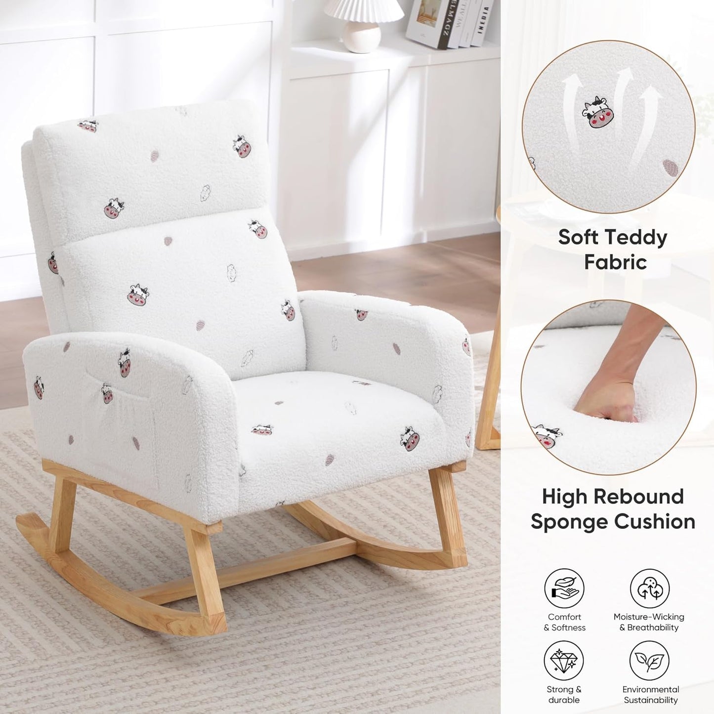 HCHAIRH Rocking Chair Nursery, Upholstered Fabricr Nursing Rocking Chairs with Soft High Back, Modern Nursery Glider Rocker for Mom Living Room, Bedroom, Camel