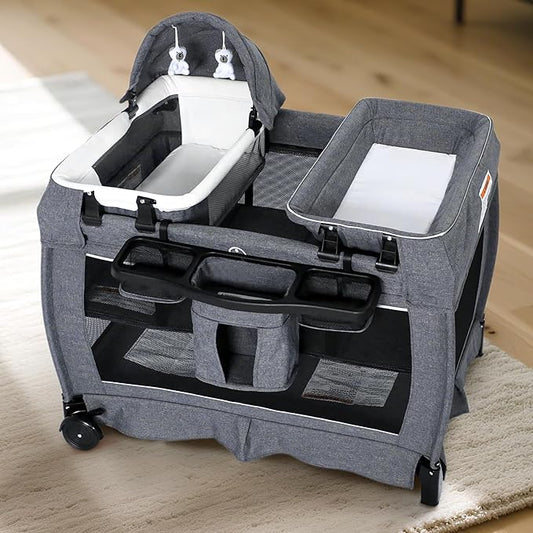 Kinder King 4 in 1 Foldable Pack and Play with Bassinet & Changing Table, Portable Playard for Babies and Toddlers, Adjustable Canopy, Storage Bag, Light Gray