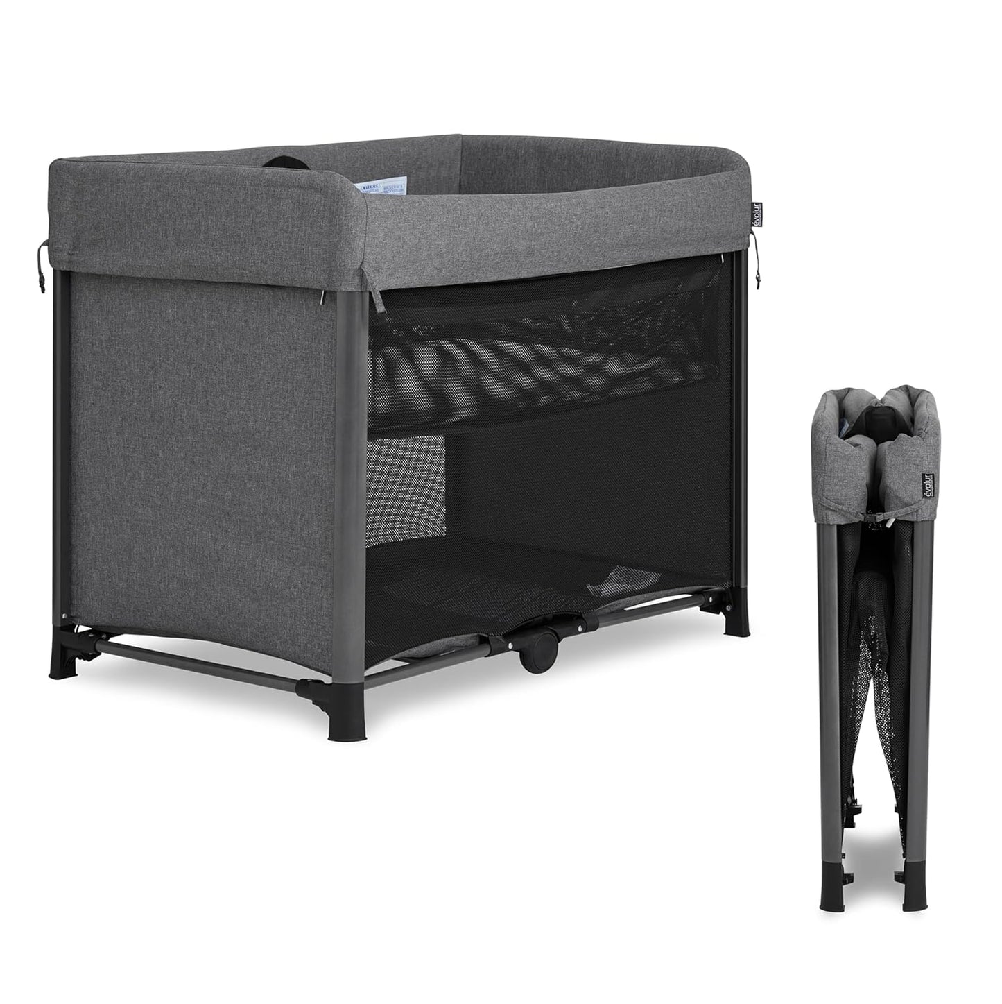 Evolur Zane Portable Playard with Instant Fold, Removable Mattress Cover & Full-Size Zipper Bassinet – Lightweight Travel Crib for Infant (0–18 Months) Grey