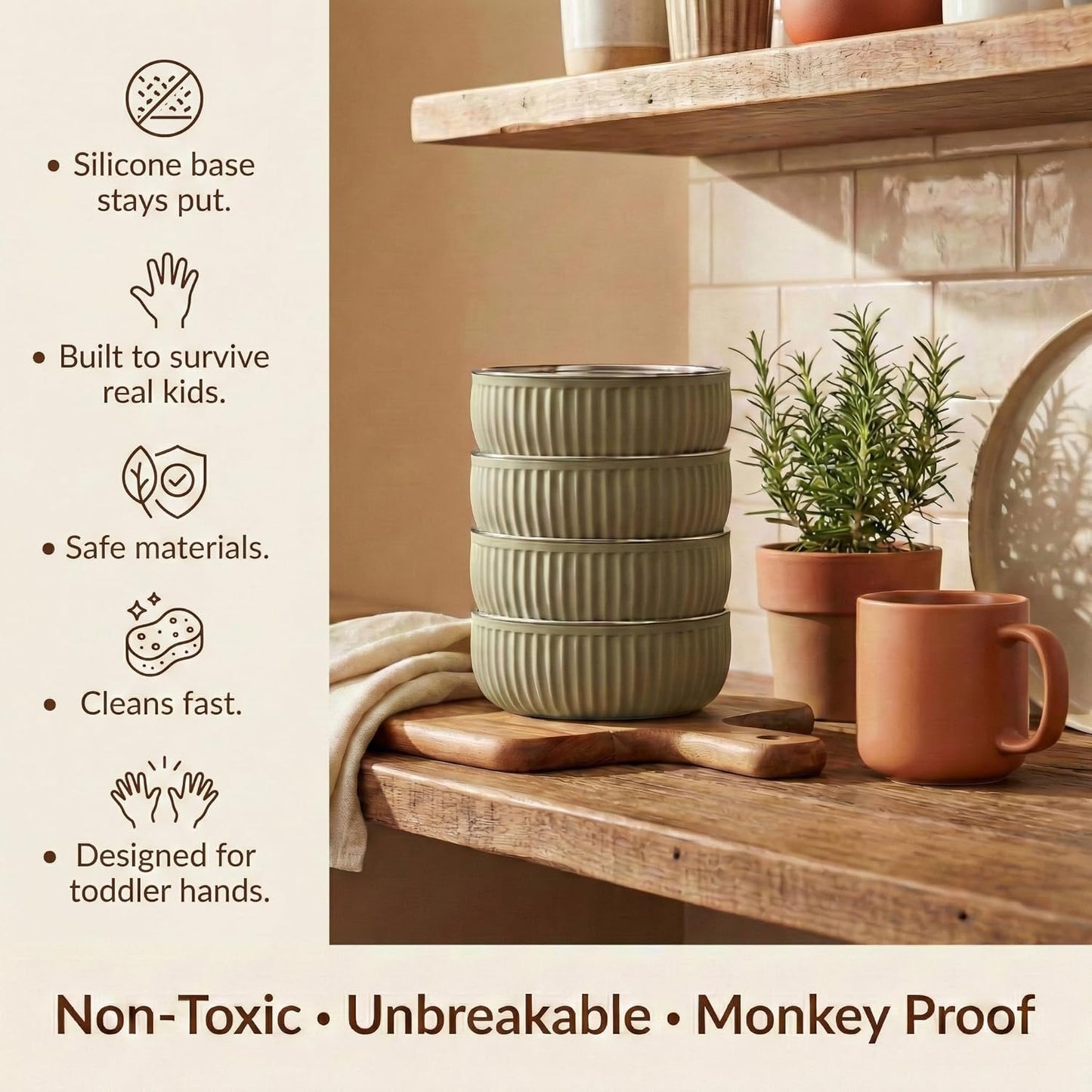 Monkey Proof™ Non-Toxic Stainless Steel Child Bowl 5” with Non-Slip Grooved Silicone Shell, (Set of 4 bowls) Unbreakable, Mess Free Feeding for Babies, Toddlers, Kids, BPA free (Stormy Sky Grooved)