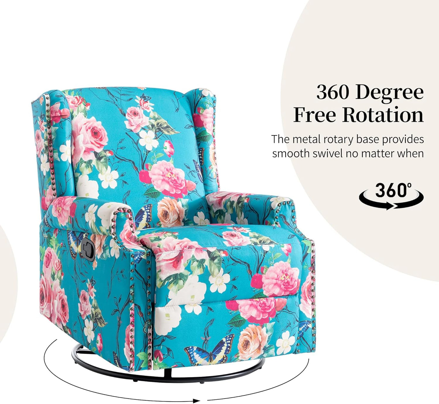 Swivel Rocker Recliner Chair, Manual Nursery Glider Recliner, Floral Fabric Wingback Accent Chair with Adjustable Backrest & Footrest for Small Spaces Living Room Bedroom (Plants Floral, Set of 1)