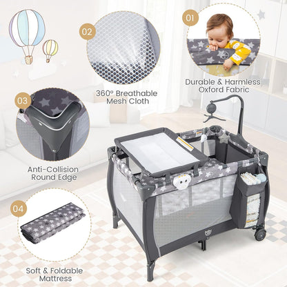 Costzon 3 in 1 Pack and Play with Bassinet, Portable Baby Playard with Changing Table, Music Box, Whirling Toys, Wheels/Brake, Basket, Foldable Infant Bassinet Crib for Baby Toddlers Indoor Outdoor