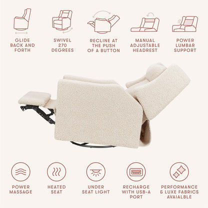 Babyletto Kiwi Deluxe Power Recliner and Swivel Glider with Heat and Massage in Almond Teddy Loop, Built-in USB Charging Port, Adjustable Headrest, Greenguard Gold, FSC and CertiPUR-US Certified