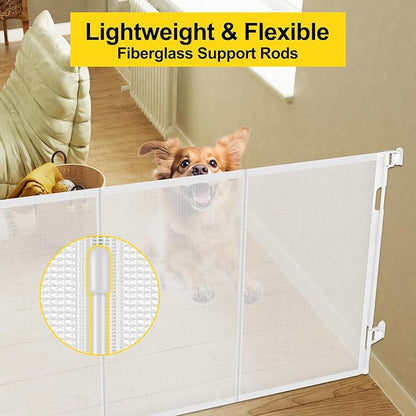 Reinforced 42” Tall x 100” Extra Wide Retractable Baby Gate for Large Openings Tall Baby Gates for Dogs Pet Gate with Rods to Prevent Crawling Through, Extra Wide Mesh Dog Gate, White