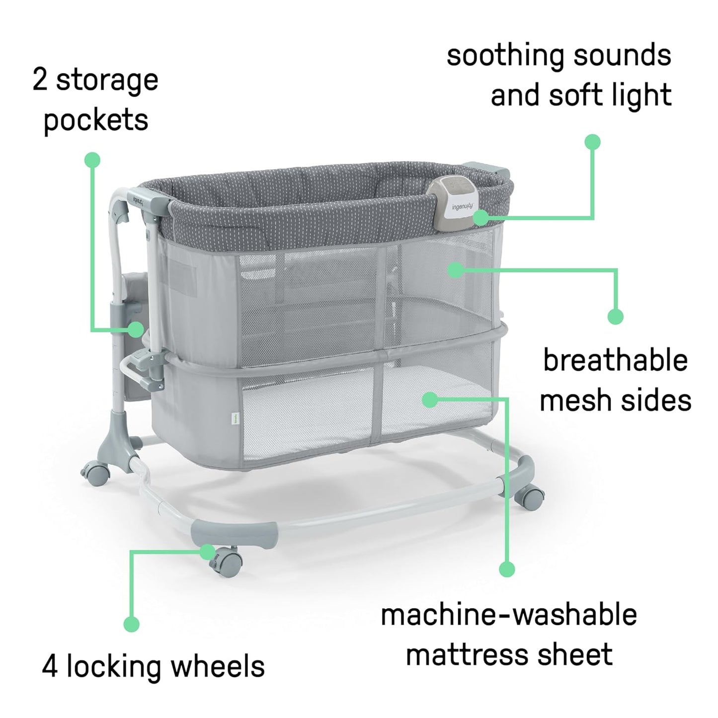 Ingenuity Dream Hero Starlight 3-in-1 Co-Sleeping Bassinet and Crib - Lume (Grey), Unisex, Newborn to 12 Months