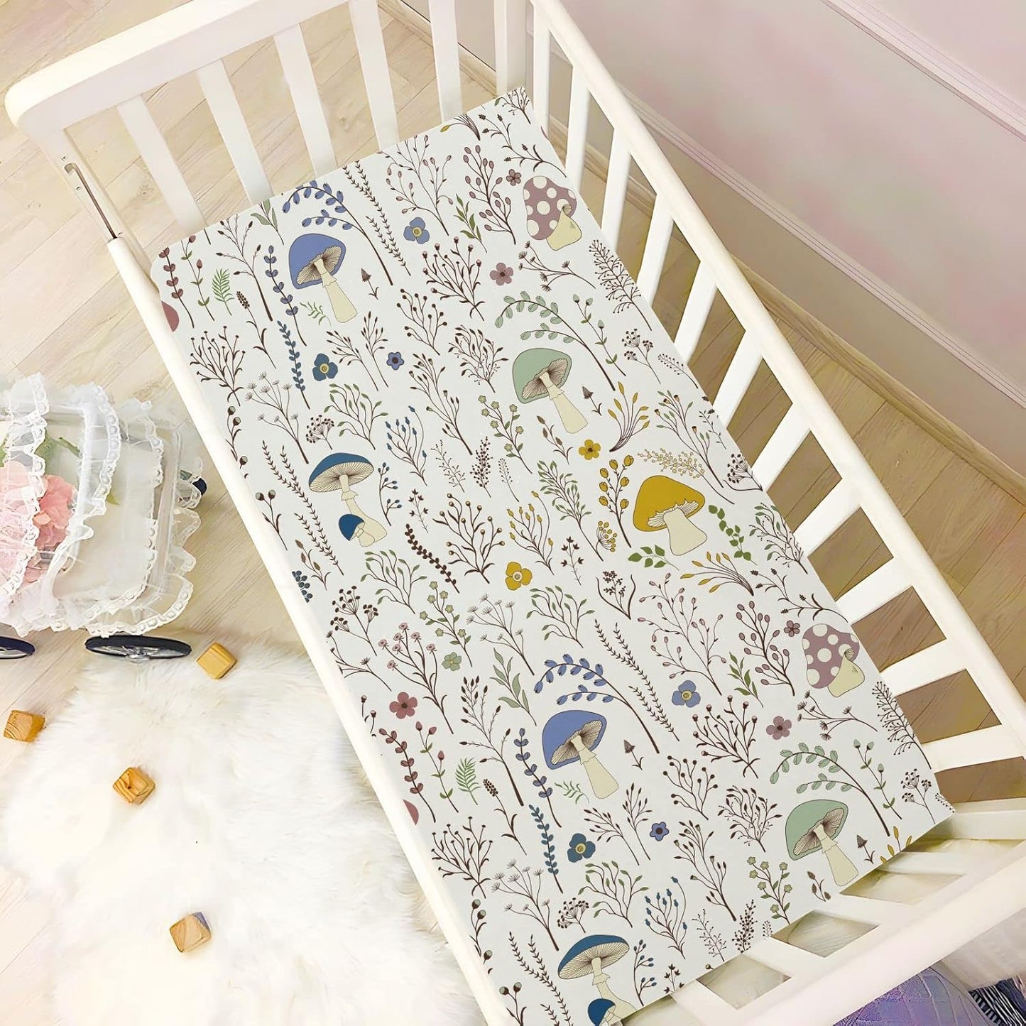 Fitted Crib Sheets White Bears with Clouds Stretchy Portable Playard Sheets for Baby Toddler, Breathable Soft Mini Crib Mattress 39 x 27 in for Boys and Girls