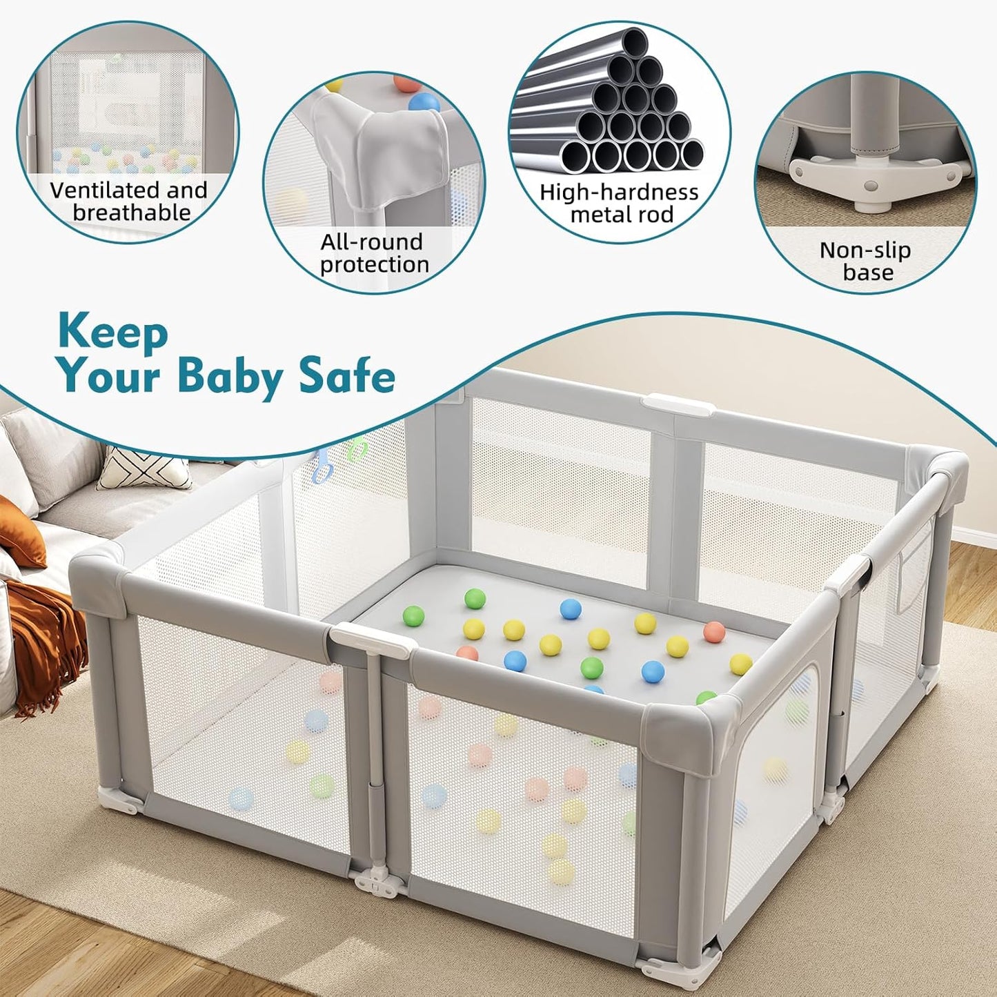 Foldable Playpen for Babies and Toddlers, 51" Portable Play Pen with Mat and Ocean Balls, Play Yard with with Visible Mesh for Inddor and Outdoor, No Assembly Required, Dark Gray