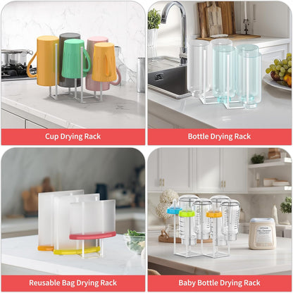 Collapsible Bottle Drying Rack, Baby Bottle Drying Rack, Foldable Cup Draining Holder, Retractable Reusable Silicone Bag Dryer with Non-Slip Bottom - Stainless Steel (Black)