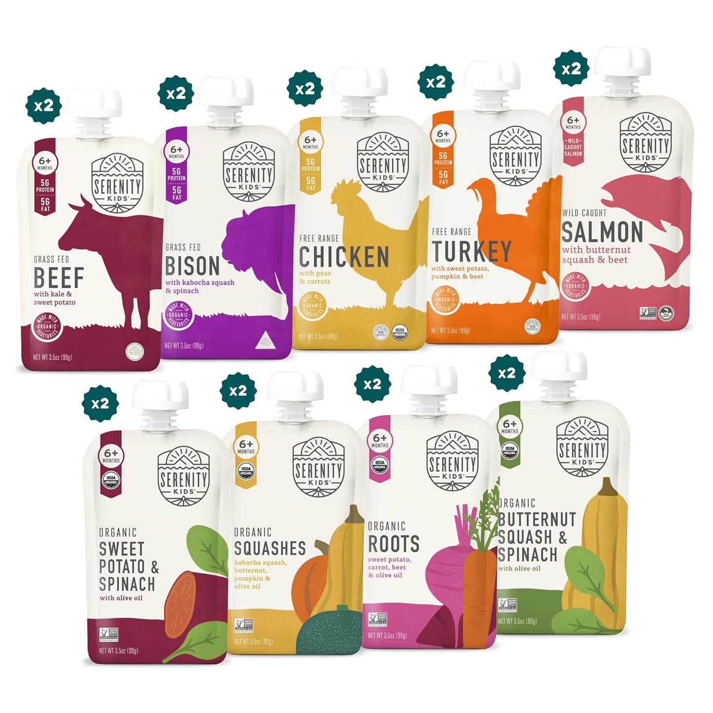 Serenity Kids 6+ Months Organic Baby Food Pouches - 5g Protein Nutrient-Packed Baby Puree Pouches - Organic Veggie-Rich Toddler Snack - On-the-Go Toddler Meals & Snack Pack - 8 Count, 3.5 Oz
