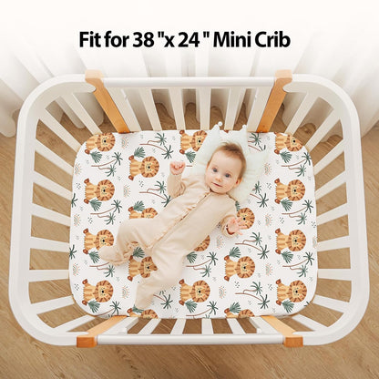 Baby Mini Crib Sheets Girl, Portable 38”x26” Pack and Play Sheets Fitted for Playard and Pack N Play Mattress, 3-Pack Soft Microfiber Pink Rainbow